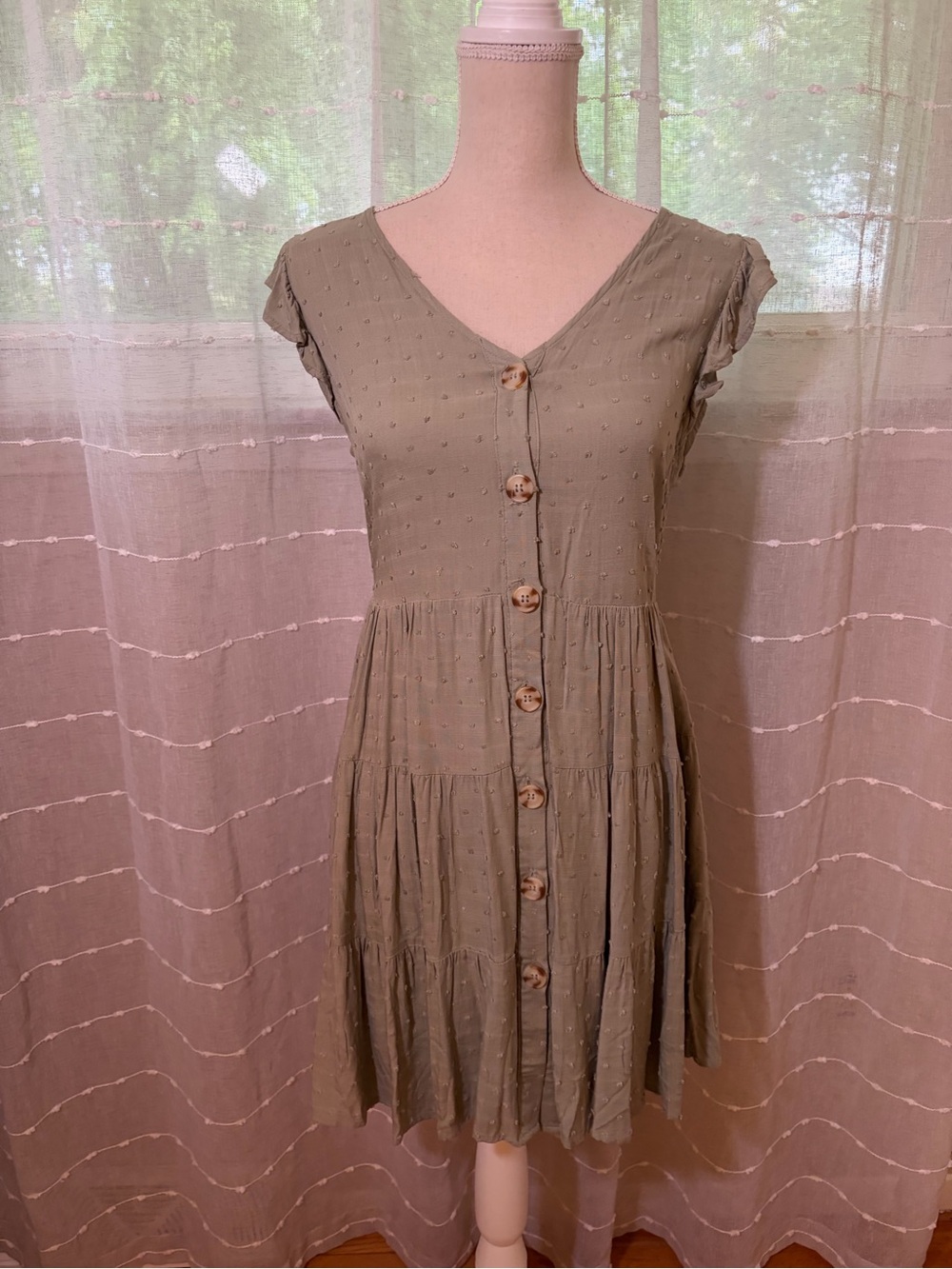 NWT Altar'd State Olive Green Tiered Button Midi Dress